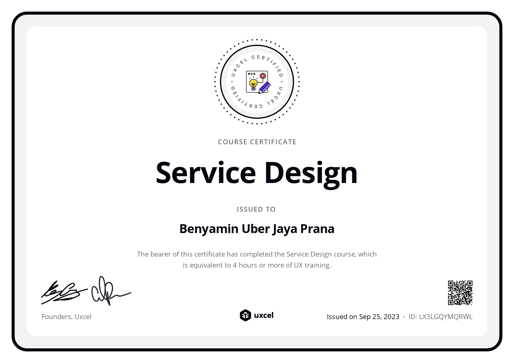 Benyamin Uber Jaya Prana's certificate